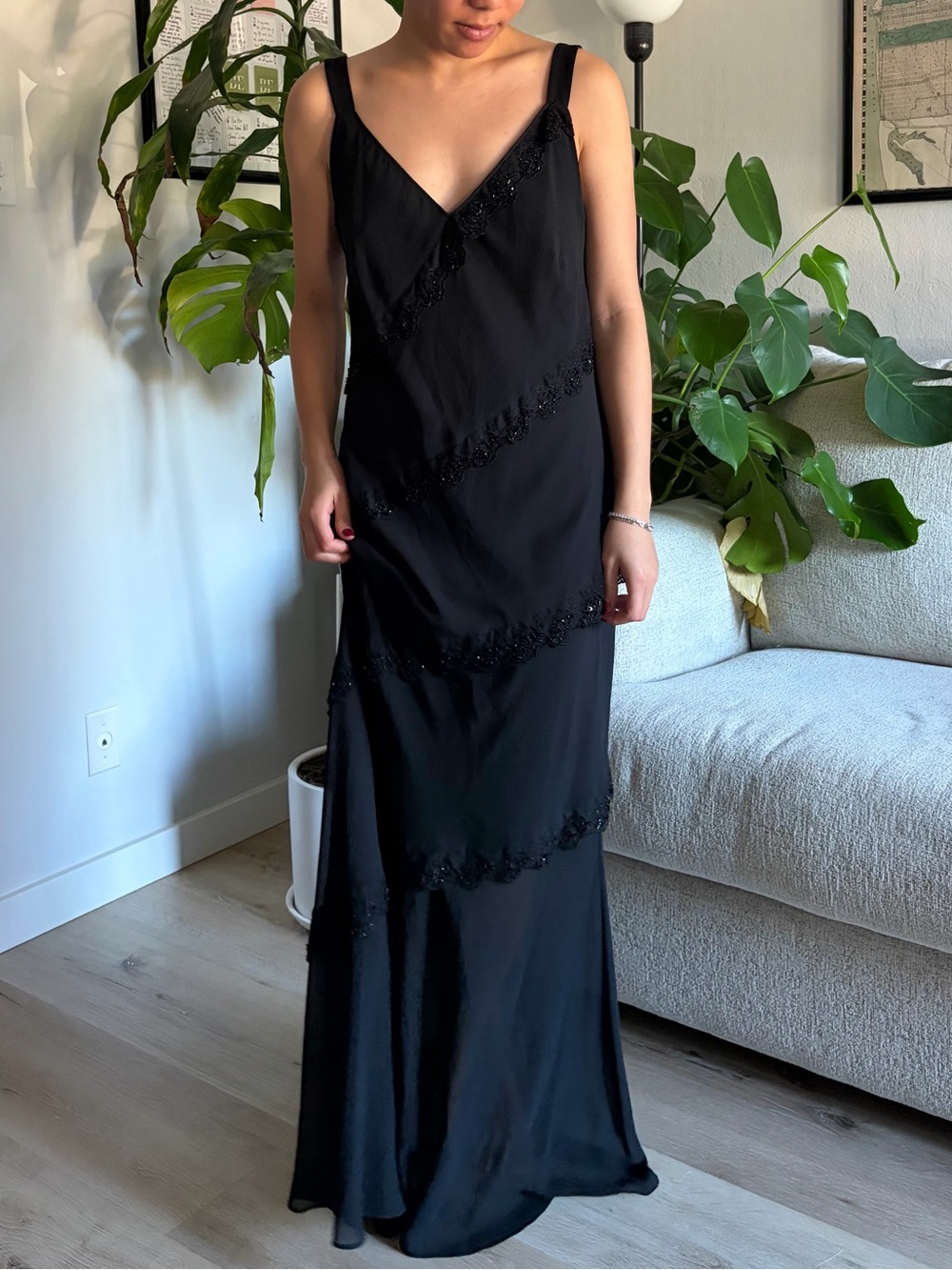Vintage Y2K Xscape by Joanna Chen Black Tiered Beaded Maxi Dress Gown